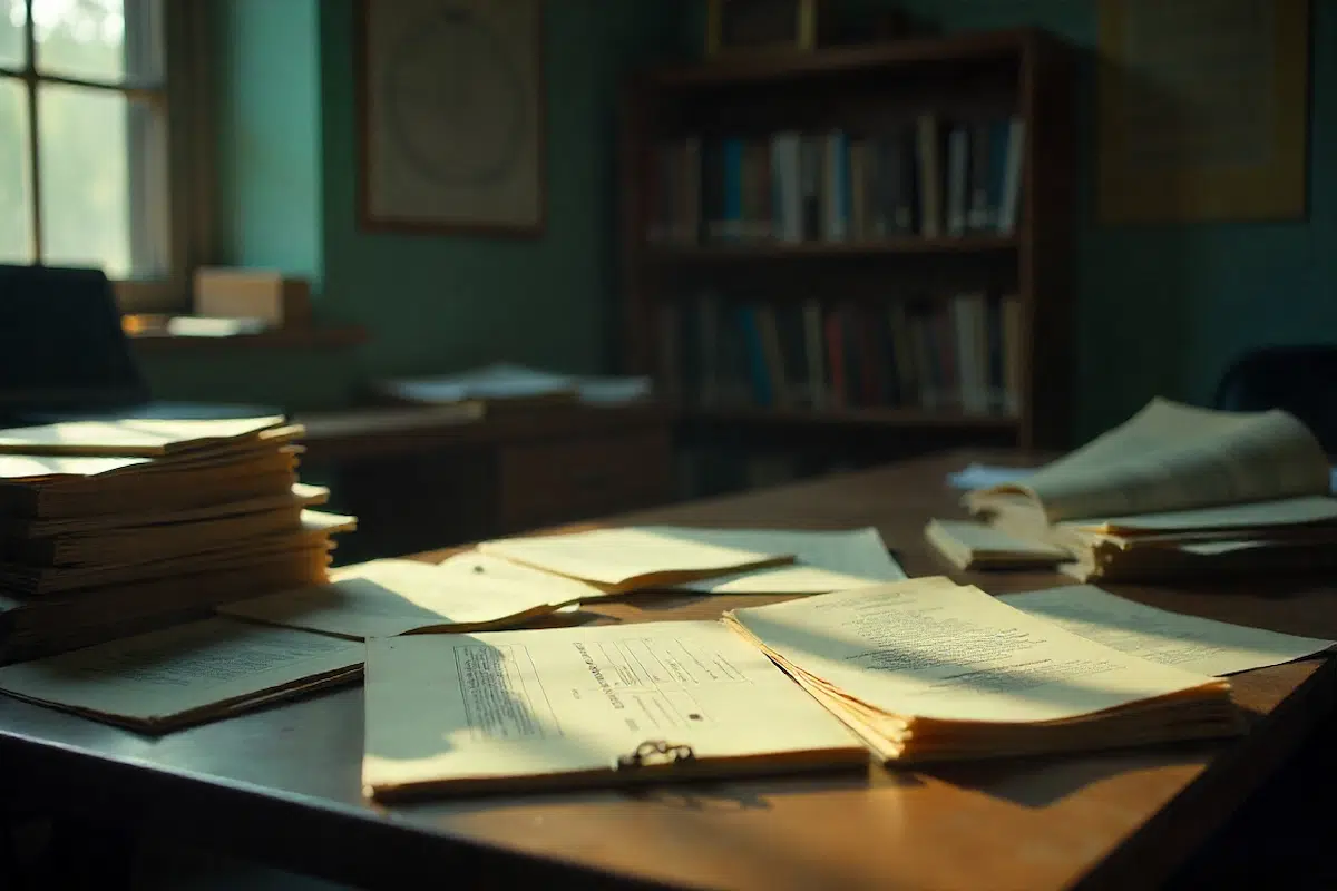 A propósito da natureza dos crimes, vemos uma mesa cheia de papéis