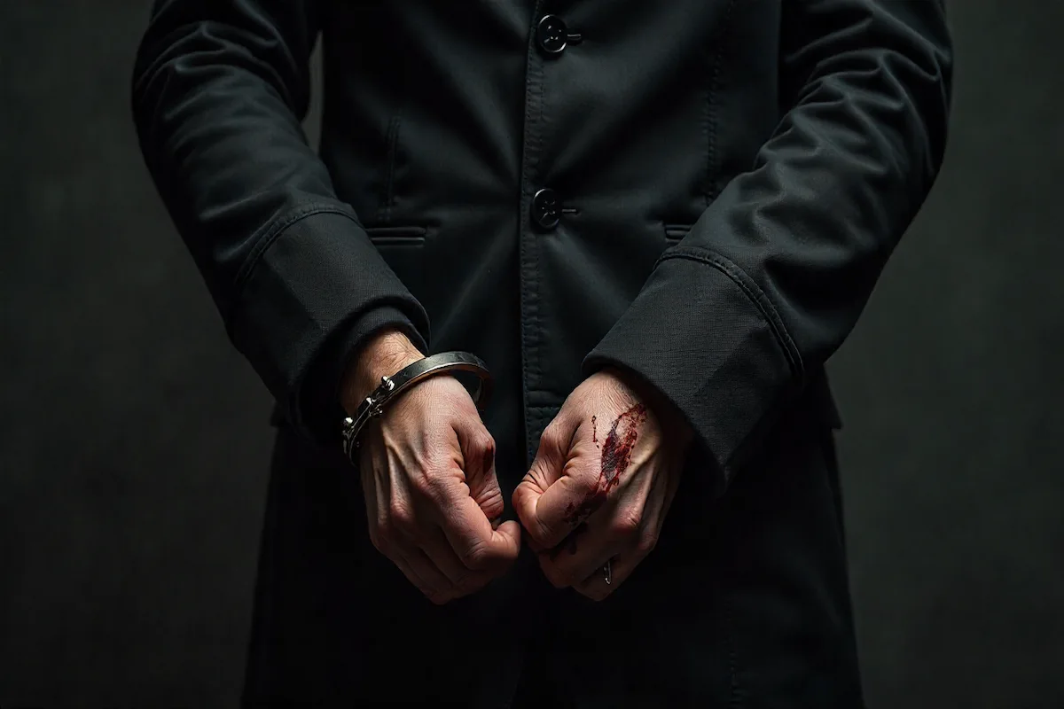 A propósito do tema ser arguido aparece no registo criminal, temos a imagem de alguém algemado e de uma parede escura de fundo.