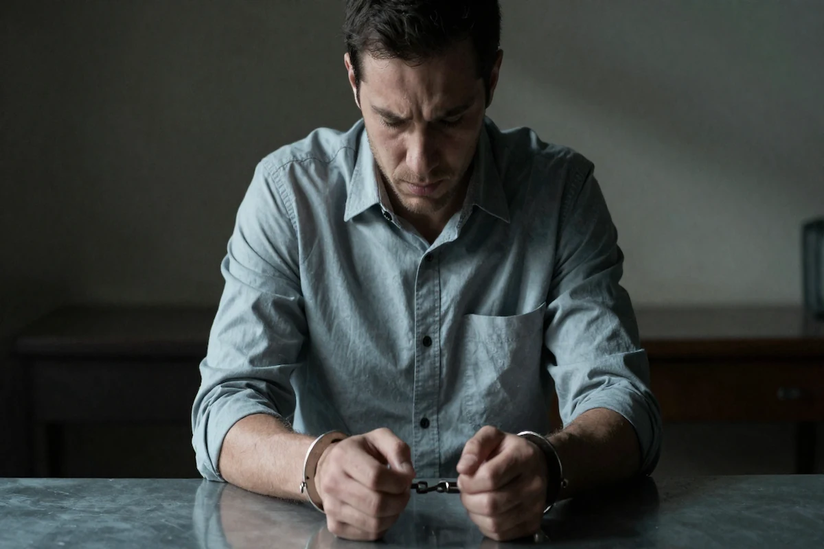 A propósito do tema "fui constituído arguido o que fazer", temos a imagem de um arguido, numa sala escura, algemado.