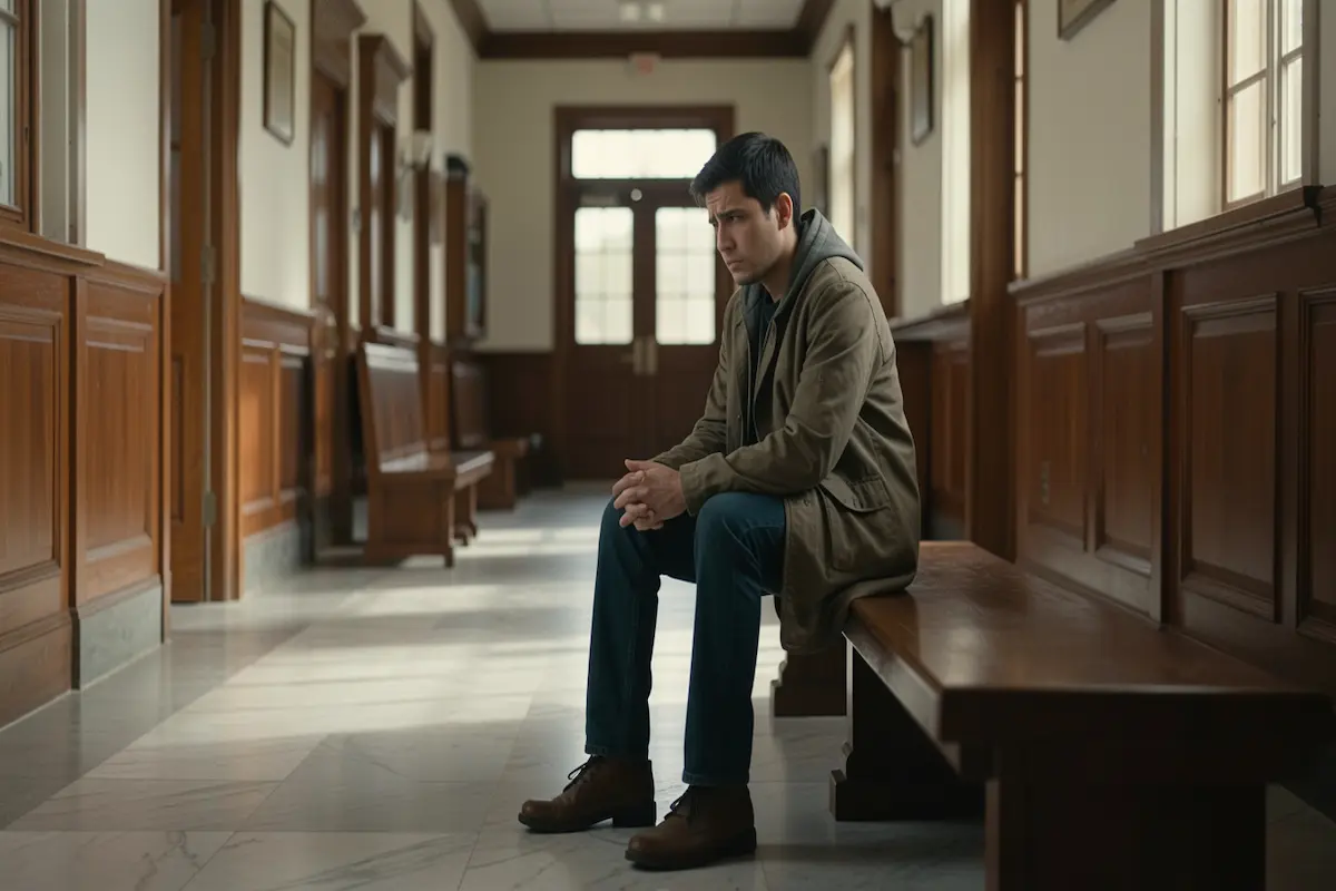 A propósito deste tema de "falar com a polícia sem advogado", temos a imagem de alguém, nervoso, sentado numa sala de espera com longos bancos de madeira.