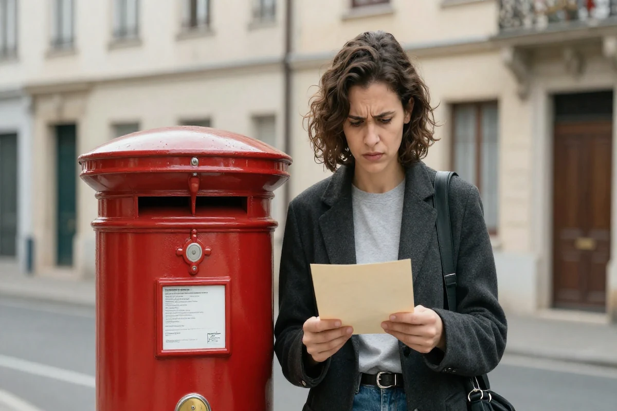 A propósito do tema "fui chamado ao tribunal", temos a imagem de uma mulher, na rua, encostada à caixa de correio, a ler uma notificação do tribunal.
