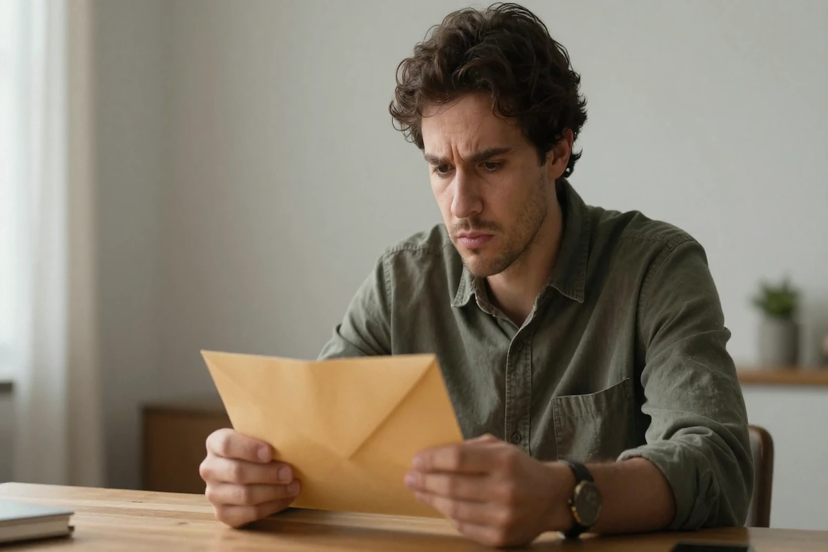 A propósito do tema "fui chamado ao Ministério Público", vemos uma pessoa sentada, com um envelope na mão e claramente indeciso.