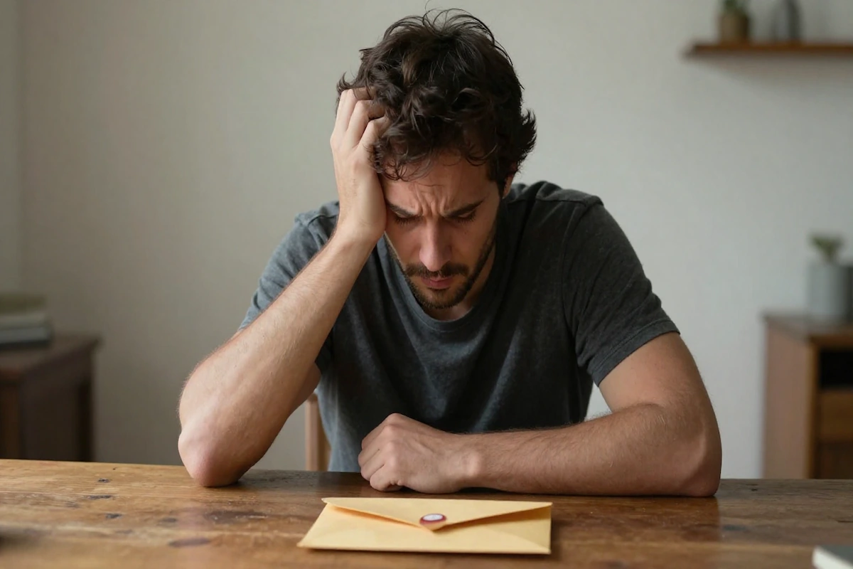 A propósito do tema "queixa-crime contra mim o que acontece", vemos alguém sentado a uma mesa, com um envelope em frente, com a mão na cabeça, com uma expressão corporal de preocupação e desespero.