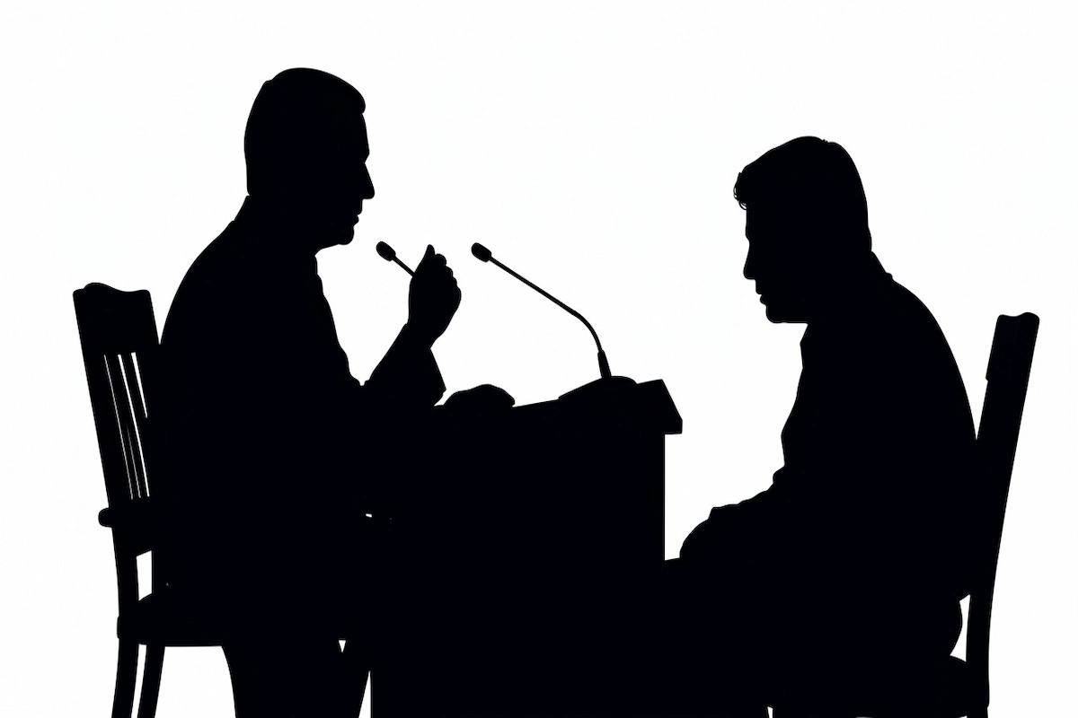 A propósito deste tema "vou ser condenado num processo crime", vemos a silhueta de um juiz e de um arguido.