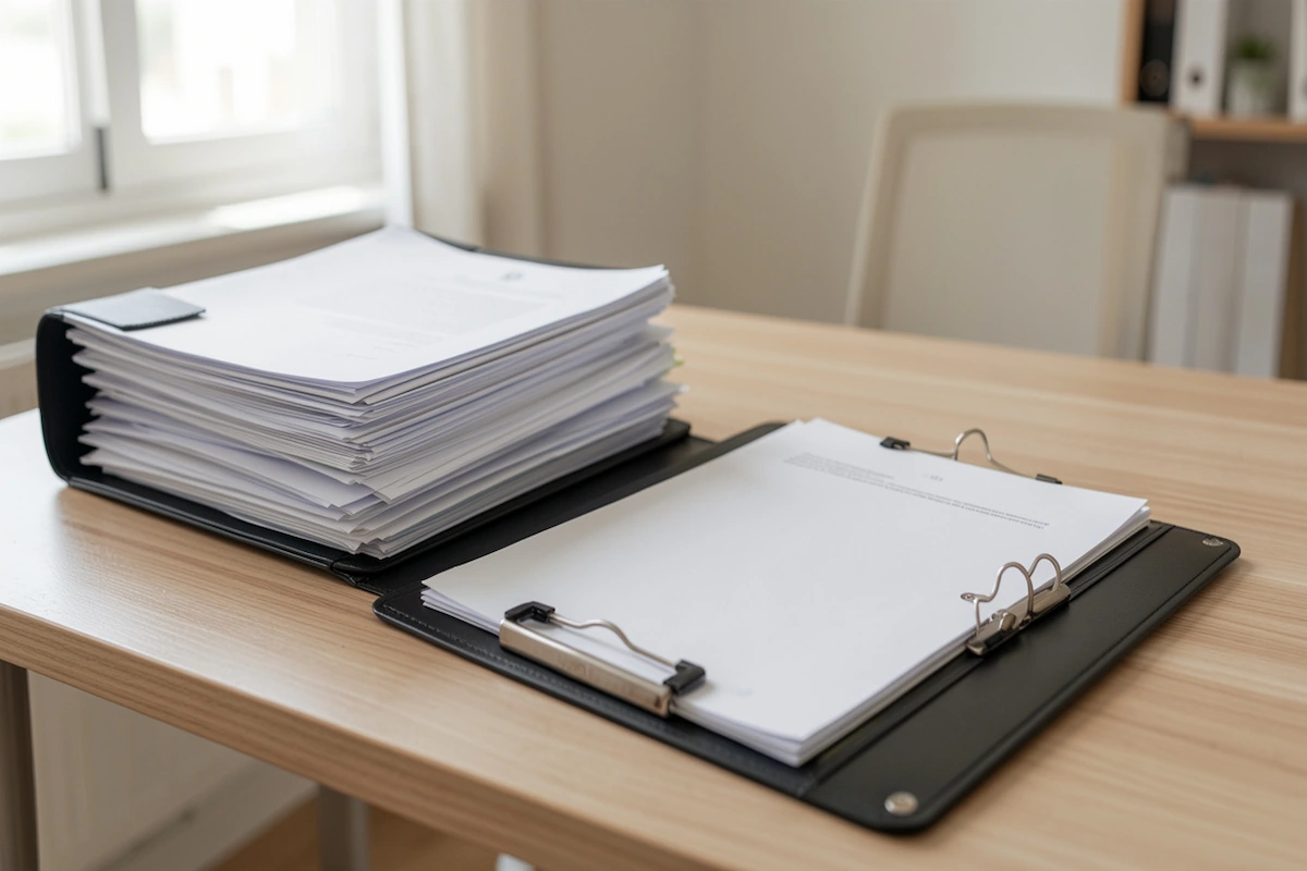 A propósito do tema "queixa-crime contra mim o que acontece", vemos um dossier com muitas folhas, sob uma mesa.